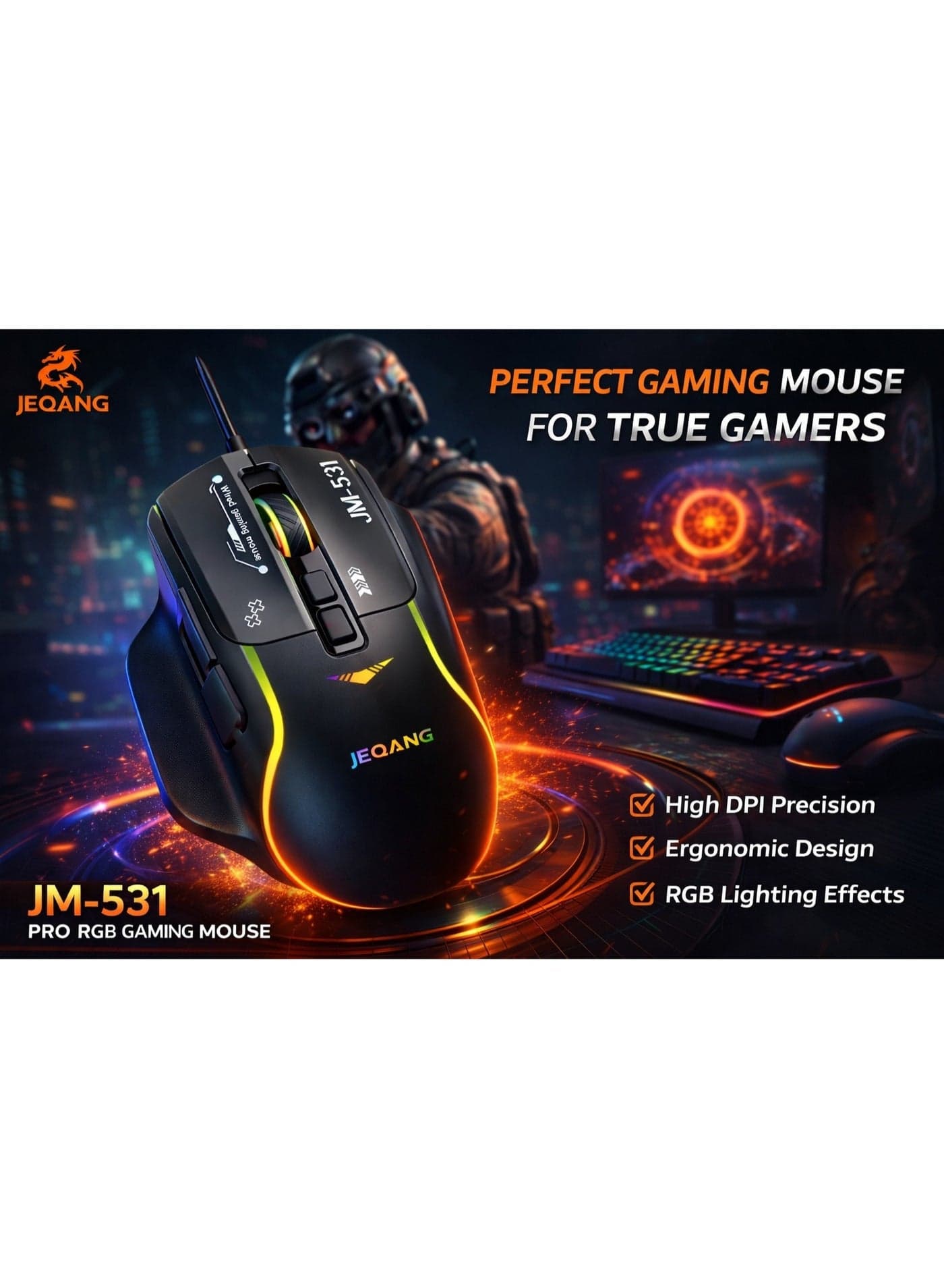 Gaming Mouse RGB Wired JEQANG JM-531, 7 Buttons, 3600 DPI, USB Optical – Black