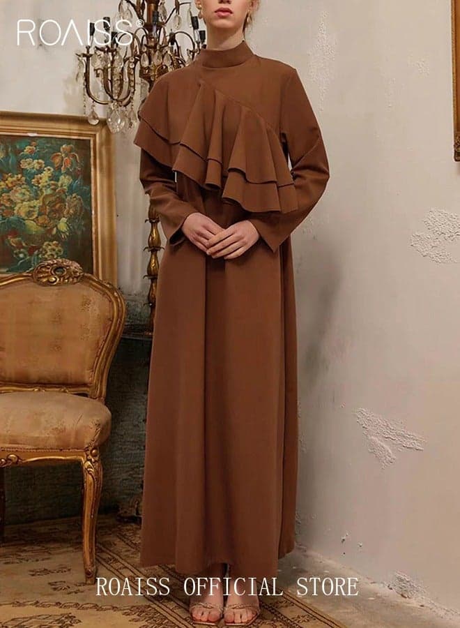 Women's Long Sleeved Long Dress Simple Solid Color Standing Collar A Word Ruffle Trim Dress for Laides Formal Ramadan Eid al-Adha Gift for Lover Wife