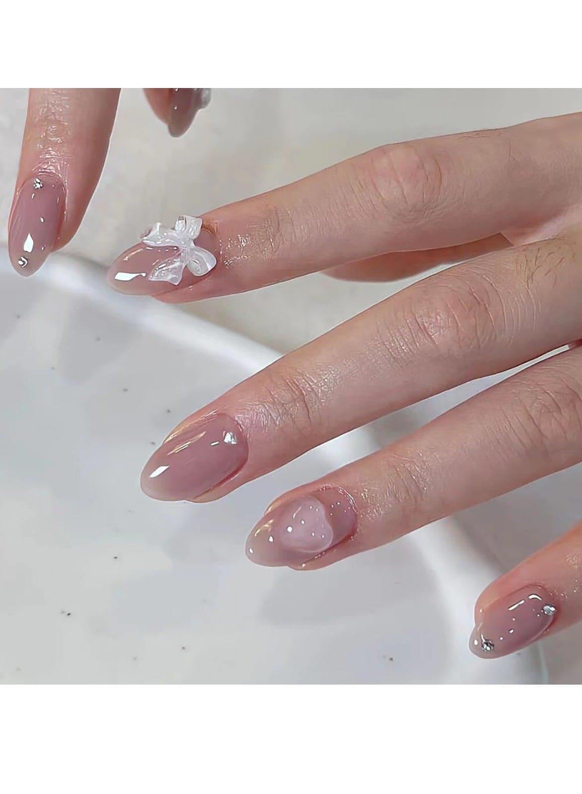 French Tip Press on Nails,Nude Pink Solid Color Wearable Nails with White Bow and Heart,24Pcs,Fake Acrylic Nails With Glue Kit.