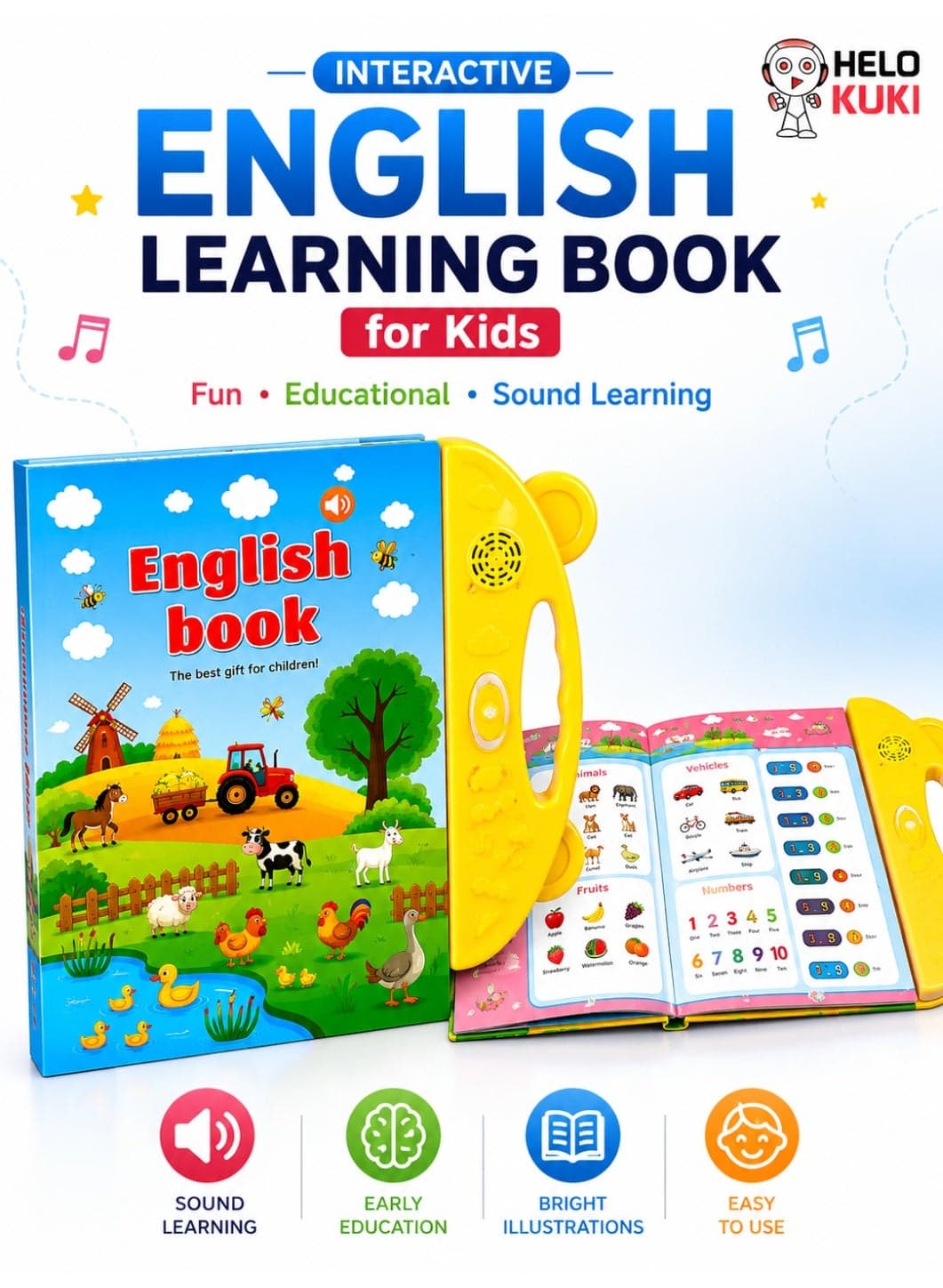 Interactive English Learning E-Book for Kids with Sound – Alphabet Letters, Words, Numbers & Animal Learning Toy – Educational Talking Book for Children Early Development Gift