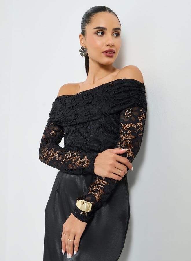 Black Off-Shoulder Long Sleeve Lace Top