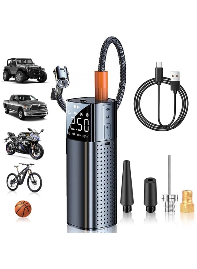 Tire Inflator Portable Air Compressor, 168PSI Cordless Air Pump for Car Tires with Tire Pressure Gauge, Smart Pump Tire Inflator with LED and LCD for Car, Motorcycle, Bicycle, Ball (Metallic Black)
