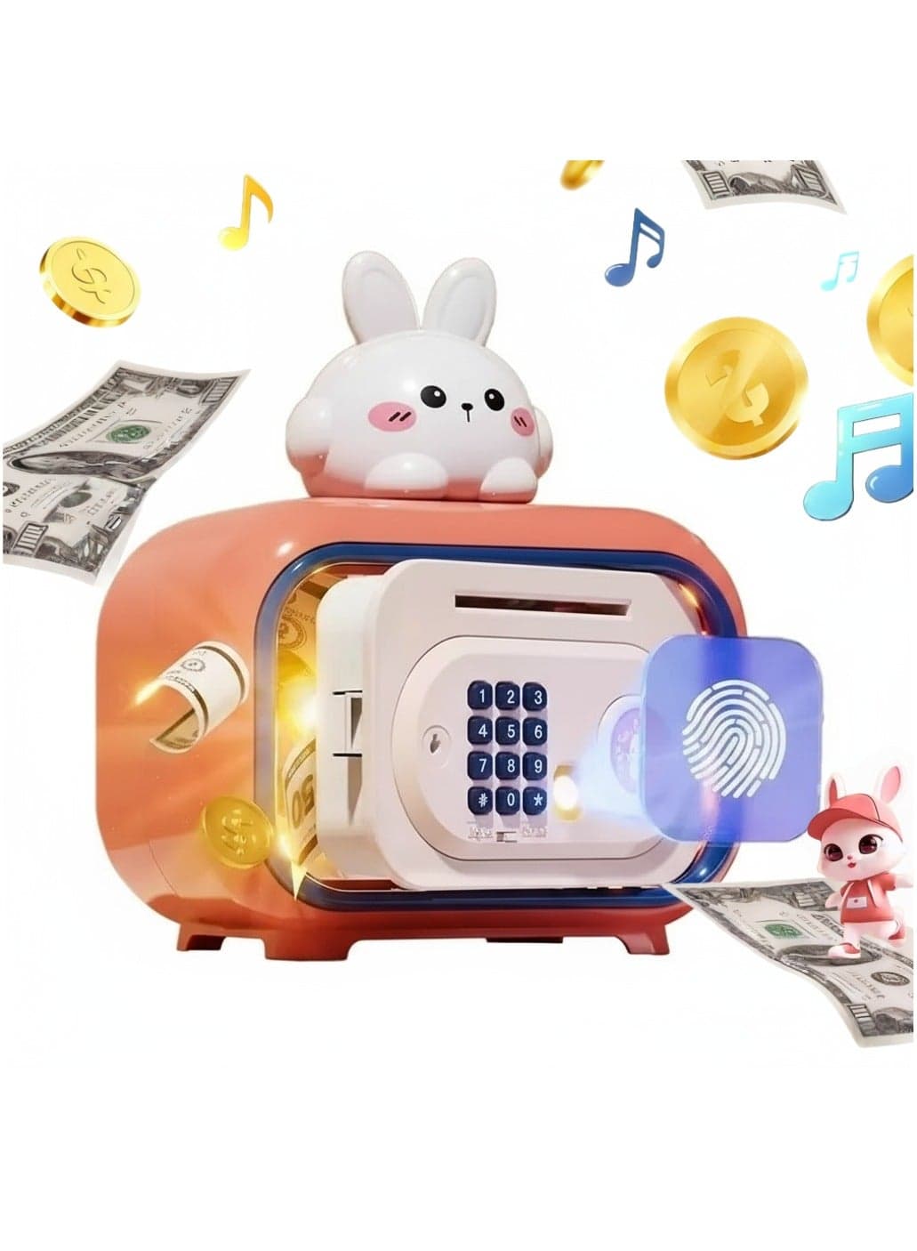 Electronic Money Bank for Kids– Smart Piggy Bank with Automatic Bill Grab, Password Lock,Fingerprint Lock, Coin Storage & Sound Effects, Educational Toy for Financial Learning & Saving Habits(Rabbit, Pink)