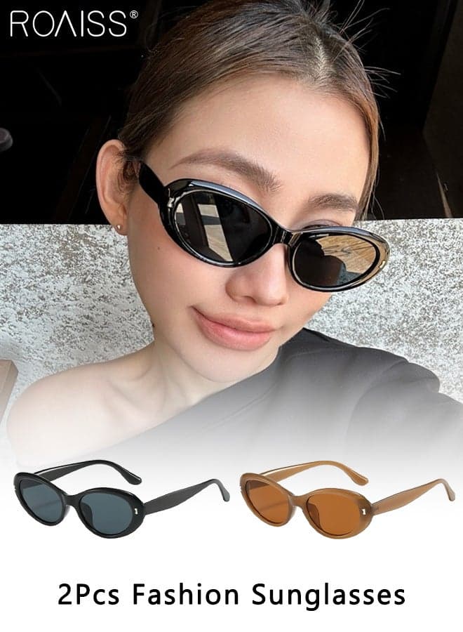 2 Pcs Retro Oval Sunglasses for Women, Outdoor Vacation Photo Fashion Decorative Sun Glasses, UV 400 Protection Anti-glare Sun Shades for Outdoor Party Street Photography