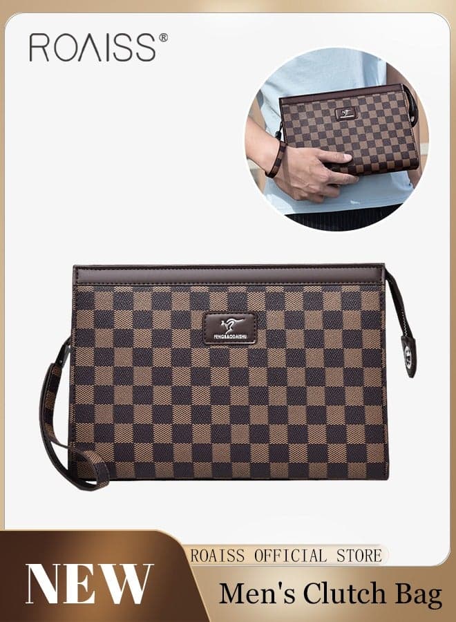 Large Capacity Men Clutch Bag Business Casual Wear Resistant Soft Fabric Multilayer Space Quality Inside PU Multiple Card Slots Waterproof Handbag Portable Plaid Brown