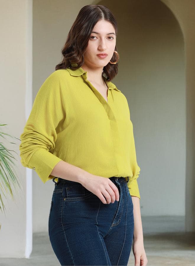 Women'S Lime Green Viscose Crepe Solid Pattern Button Down Relaxed Shirt