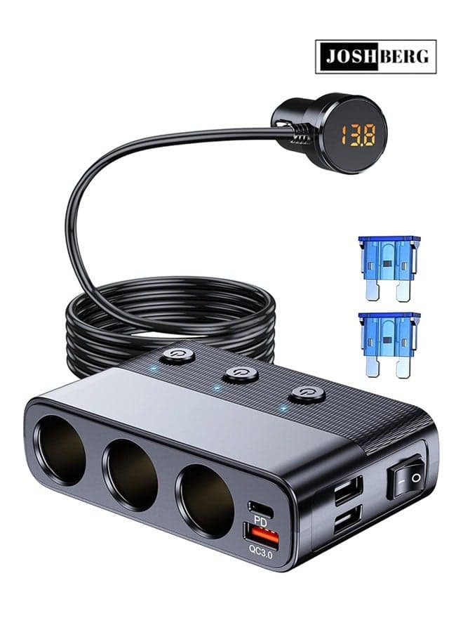 128W 7 in 1 Car Charger with 3 Type-C Ciga Lighter, 3 Socket Car Charger Adapter, Type-C QC3.0 PD 30W Charging, Dual USB Charging Ports, Independent Switches, LED Voltmeter, Plug Outlet 12V/24V(3.3ft Cable)