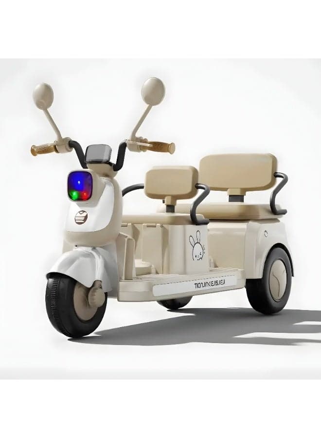 Kids Electric Motorcycle Ride-On Toy with Music & Lights, 2-Seater, 3-Wheel Design, Rechargeable Battery | For Boys & Girls Ages 2-8 | Beige