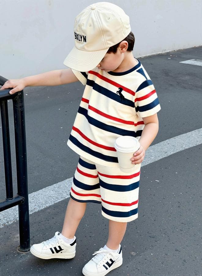 Boys Striped Round Neck T-Shirt And Shorts Set