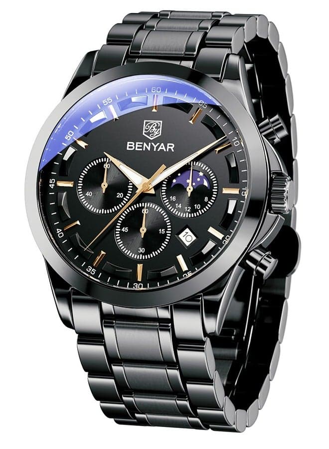 BY BENYAR Men's Chronograph Watch 30 m Waterproof Luminous Classic Fashion Watches Large Dial Date Analogue Quartz Watch Elegant Gift for Men