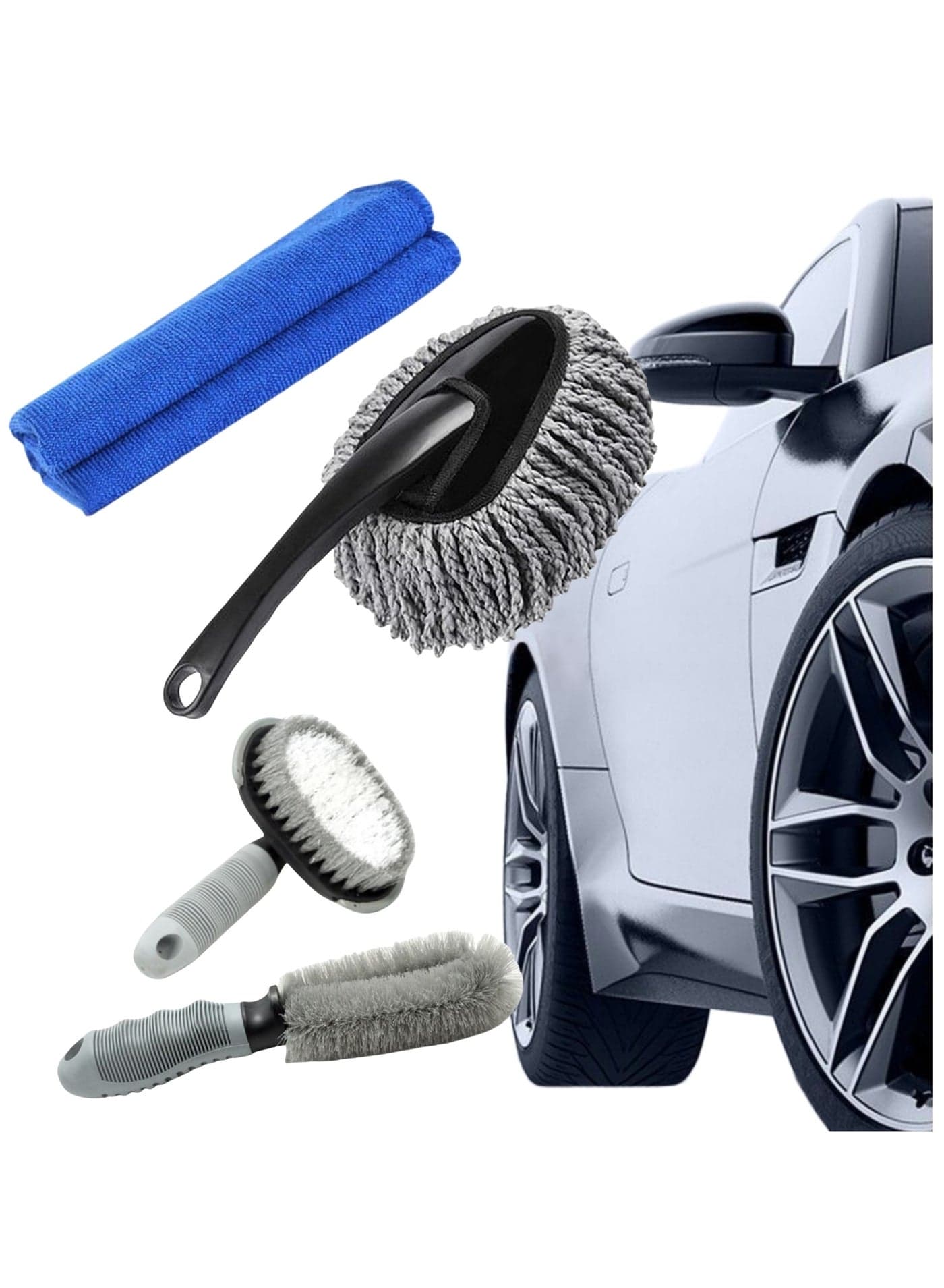NOVOLAN Car Cleaning Brushes 3 Piece Car Wash Tool Set, 1 Specialized Brush for Cleaning Wheel Hub, 1 Short Handle Tire Brush & 1 Long Handle Tire Brush, Powerful Stain Removal, Ergonomic Design