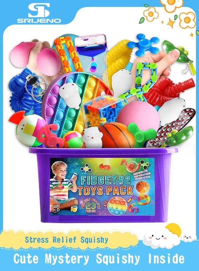 23PCS Squishy Toys Pack Fidget Pack Box for Boys and Girls Ages 4-12 Fidget Toys for Kids Ages 5-7 Autism Sensory Mystery Birthday Gifts in Reusable Portable Treasure Box Nice Party Favors