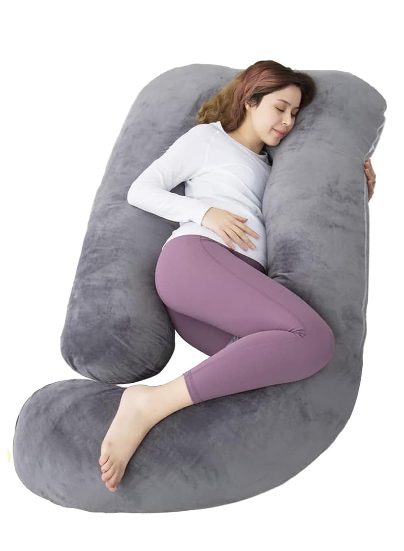 G-Shaped Pregnancy Pillow, Maternity Pillow for Sleeping, Full Body Pillow and Maternity Support with Replaceable and Washable Velvet Cover (Grey)