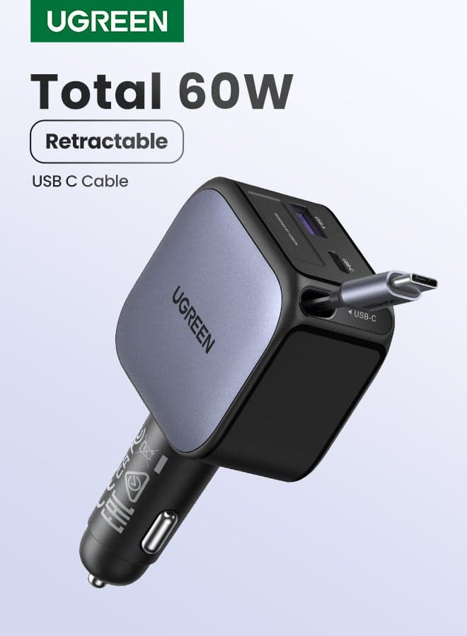 Car Charger Retractable 60W Built-in 0.7 M Type C Cable 2C1A Car Adapter Fast Charging PC V0 Anti-fire Material For Safe Charging Compatible With iPhone iPad Samsung Galaxy Airpods Earbuds Apple Watch 60W
