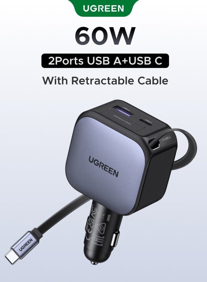 60W Car Charger Type C 3-Device Fast Charging with 70cm Retractable USB-C Cable + USB A + USB C ports, 2C1A ports car charging adapter, Durable Reliable car charger adapter for iPhone 17/16/15 /14/13/12, Samsung Galaxy S26/S25/S24/S23/S21,GalaxyZ Fold/Z Flip 3-6series, Google Pixel8/9, Huawei, iPad Mini and More 60W