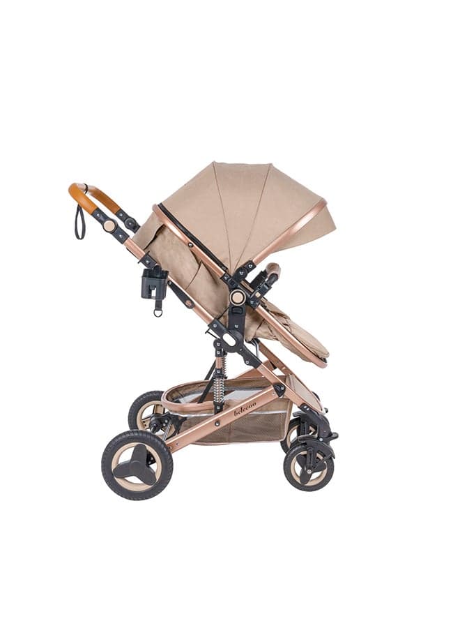 Belecoo 5 Cream Lightweight Travel Stroller – 3‑in‑1 Foldable Travel System with Reversible Bassinet, Compact Design, All‑Terrain Wheels & Newborn‑to‑Toddler Comfort