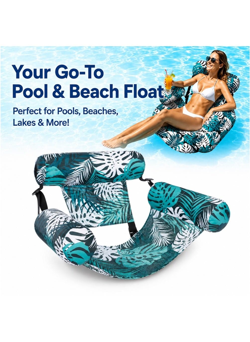 Pool Lounger Floats Chairs Adult, Inflatable Pool Lounge, Plant Pattern Floating Mat Hammock, Blow up Water Chairs, Noodles & Rafts for Party Summer Water Beach Fun - Free Air Pump Included (Random Color)