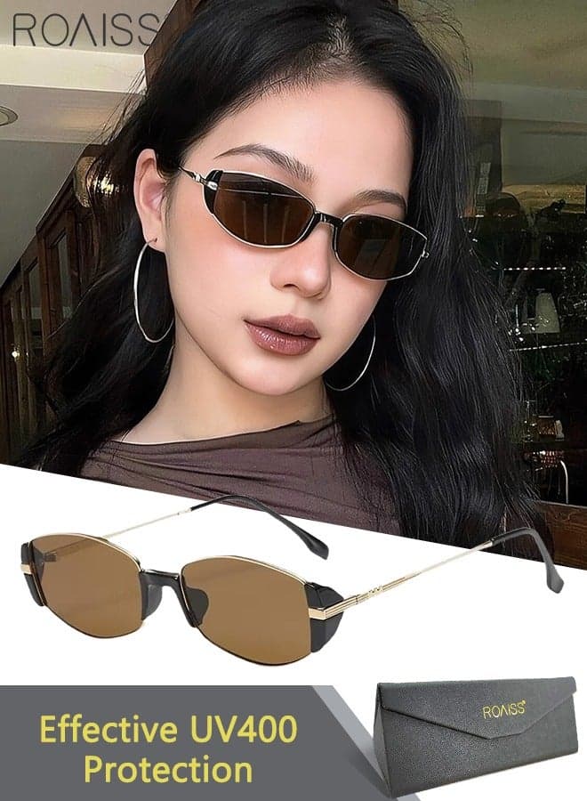 Fashion Retro Cat Eye Brown Sunglasses for Women Narrow Metal Frame Sun Glasses with UV400 Protection for Street Photography, Leisure, Driving, Travel