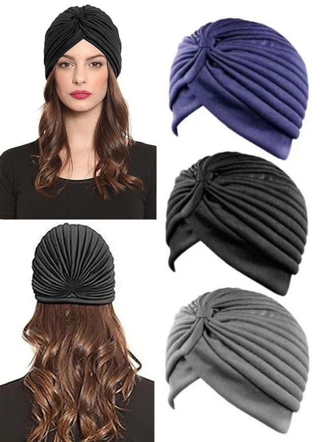 3 Pieces Turbans for Women Soft Turban Head Wrap Pleated Beanie Cap