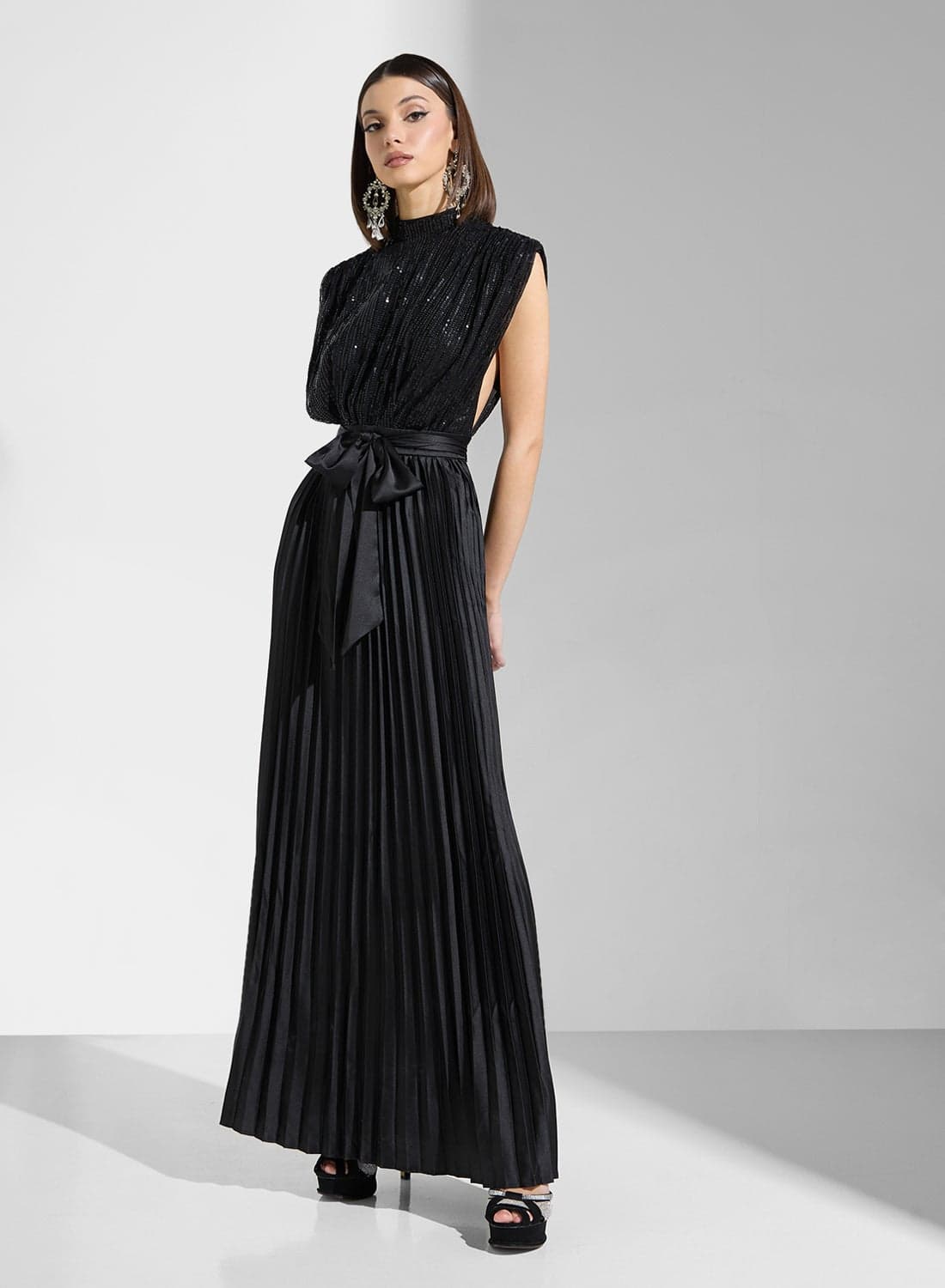 Sequin Pleated Gown Dress