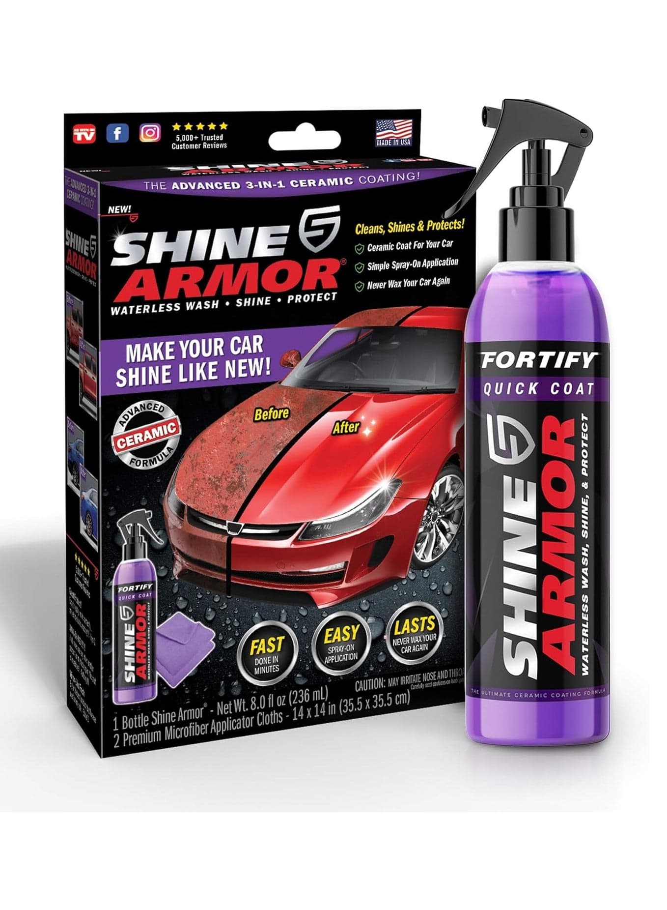 Shine Armor Fortify Quick Coat Ceramic Coating - Car Wax Spray - Waterless Car Wash & Wax - Hydrophobic Top Coat Polish & Polymer Paint Sealant Protection