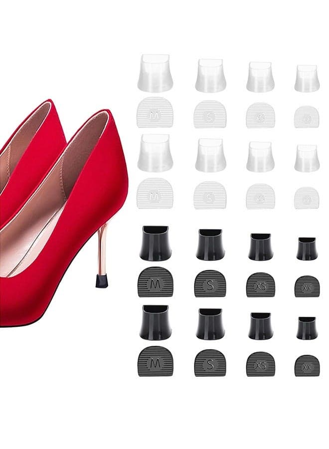 16 Pairs High Heel Protectors Stiletto Heel Repair Caps Covers & Heel Stoppers 4 Sizes High Heel Tip Covers, Noise Reducing, Slip-On Caps (Clear/Black)