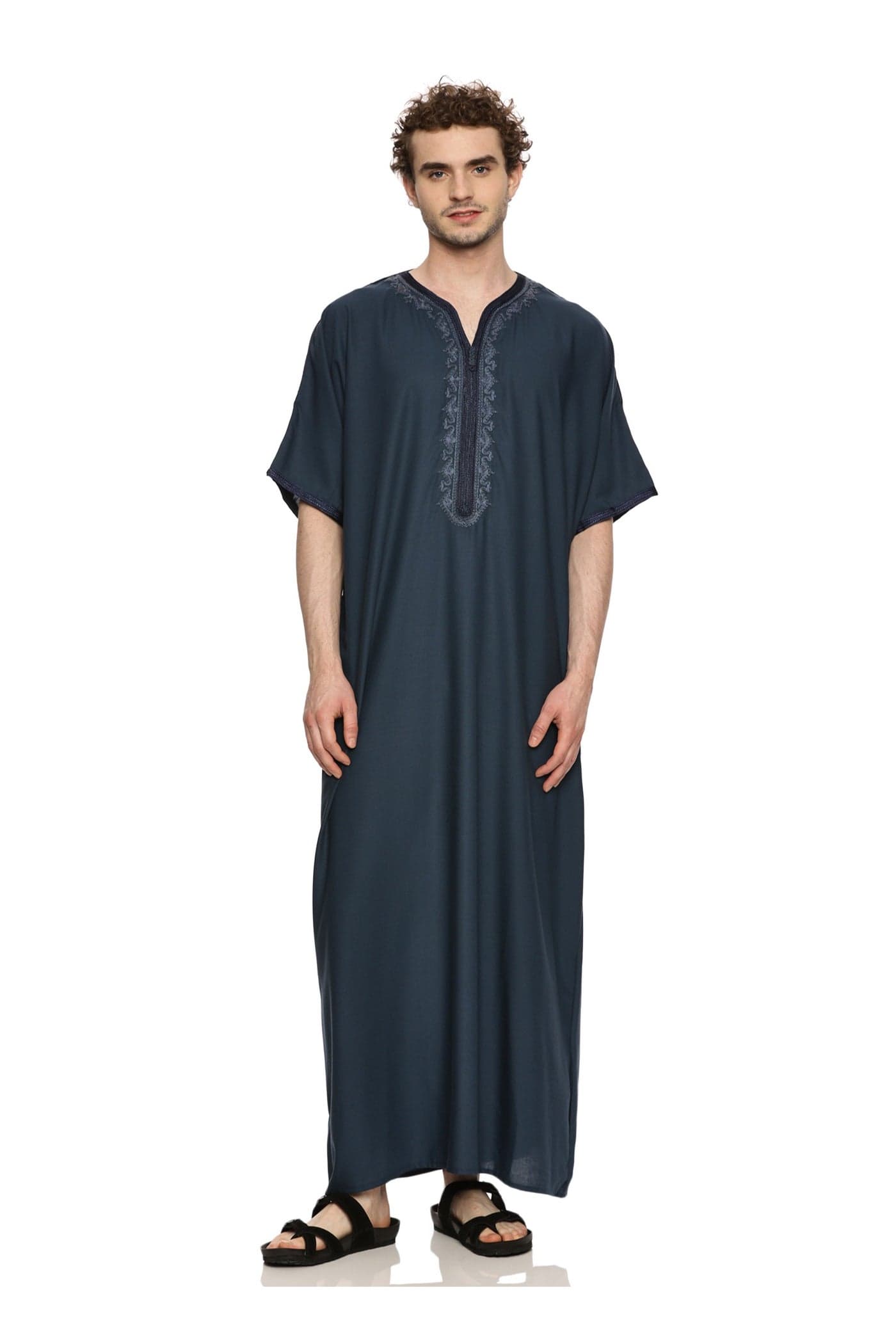 Moroccan Men's Thobe | Embroidered Half Sleeve Kaftan | Round Neck Magribi Jalabiya For Mens | Comfortable Islamic Thobe for Daily Wear