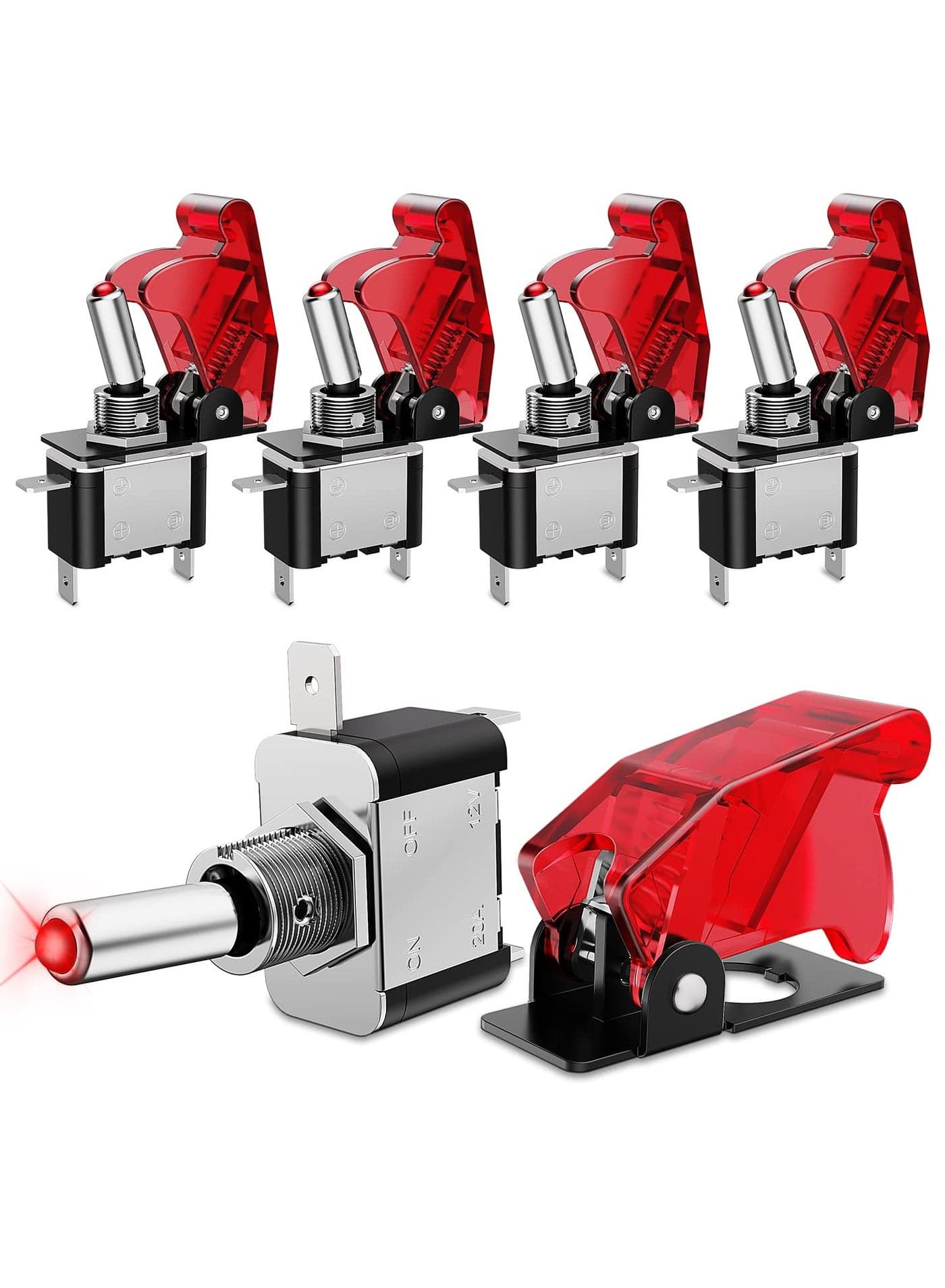 Red 12V LED Lighted Toggle Switch with Aircraft Guard Safety Flip Cover 12 Volt 20A Heavy Duty Covered Illuminated Lit for Racing Auto Car Automotive Cars Trucks Boats Racking