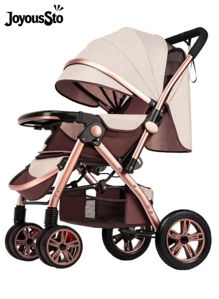 Two Way Push Portable Infant Stroller,Baby Stroller with High View Double Push Rod Cans Sit and Lie Down Lightweight Foldable Four-wheel Rubber Strong Shock Absorption Large Space with Storage Basket、Tray and Cup Holder Durable Suitable for Baby 0-3 Years Old Travel Strollers