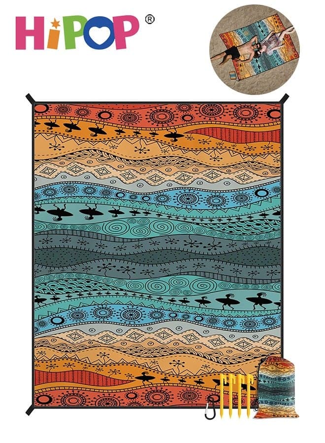 180 × 220cm Beach Blanket, Sandproof Waterproof Oversized Beach Mat for 2-4 Adults, Portable Picnic Mat with 4 Stakes and Corner Pockets, Foldable and Lightweight Camping Blanket for Beach Park Travel