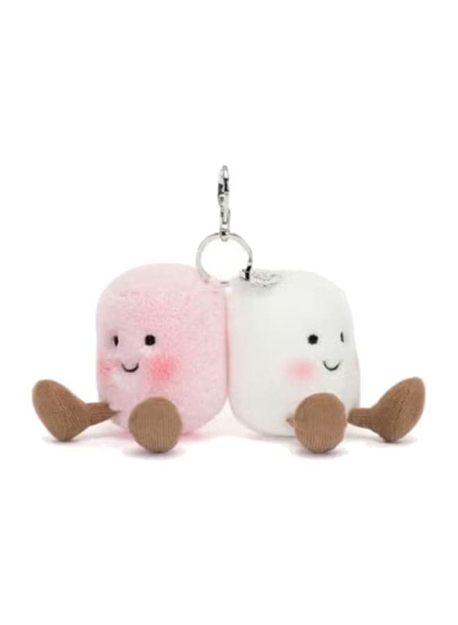 Amuseables Pair of Marshmallows Bag Charm – Cute Pink & White Plush Keychain for Bags, Backpacks, Keys – Soft Marshmallow Duo Accessory with Satin Ribbon & Metal Clasp