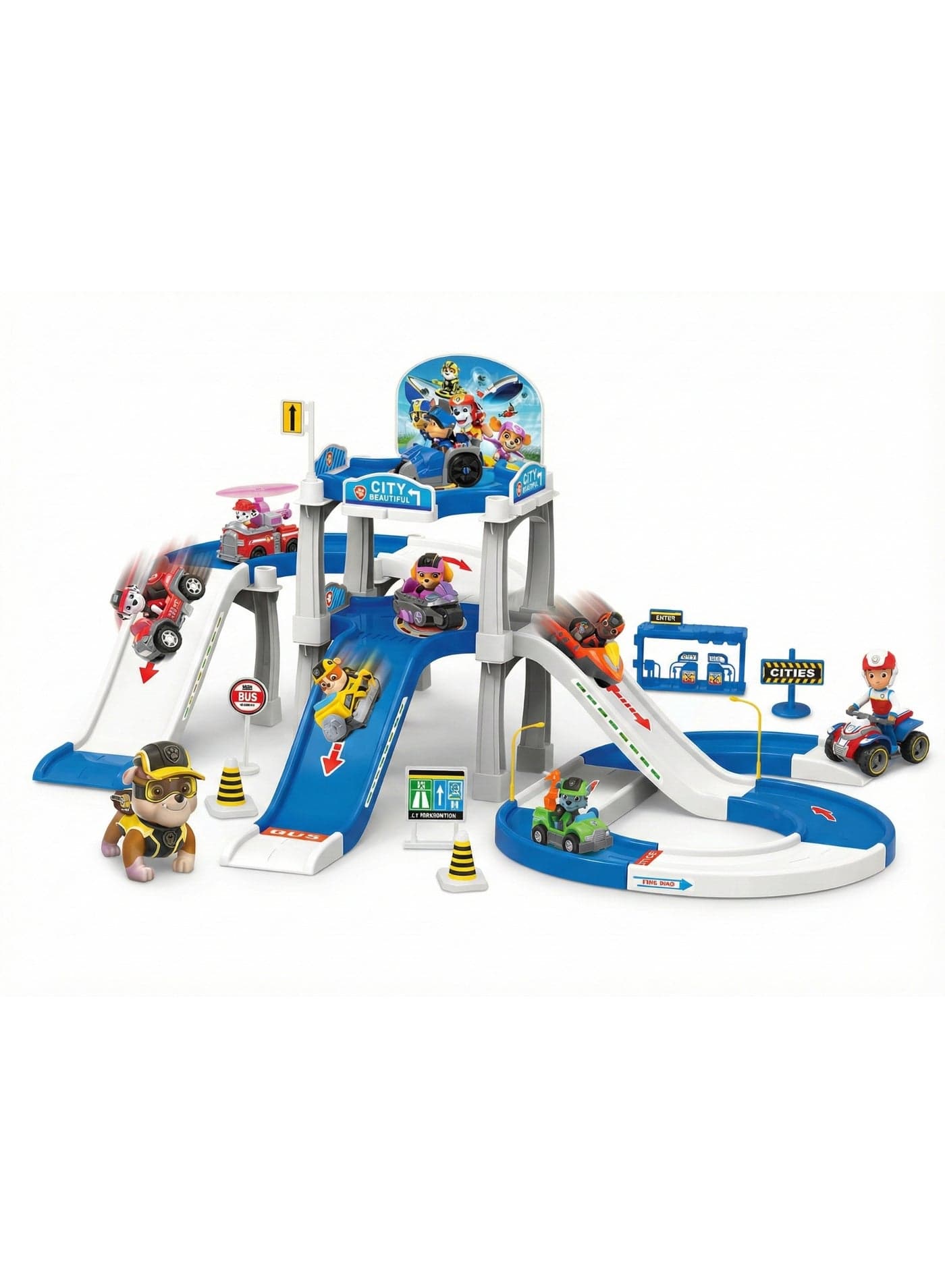 Parking Lot Toy Set Paw Dog Patrol Game – 3-Level Garage Playset with Slide Ramps & Mini Rescue Vehicles | Chase, Marshall & Skye Race Track Game | City Amusement Park Adventure Gift for Kids Boys & Girls | Christmas Birthday Present