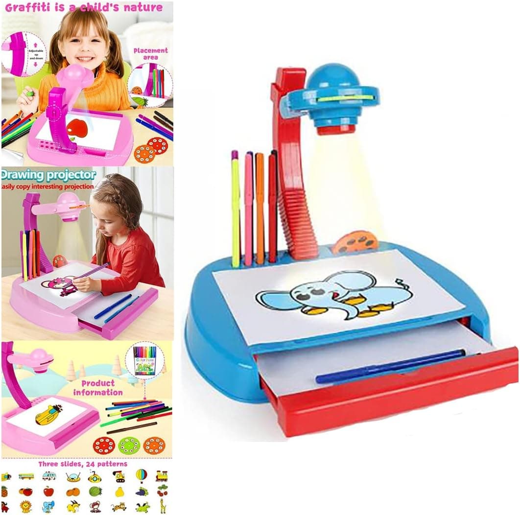 Learning Art Children Projection Drawing Board Projection Drawing Board for Kids ,Childrens Projection Painting Set,Trace and Draw Projector Table ,Toddler Paint Learning Toys。 (Blue)