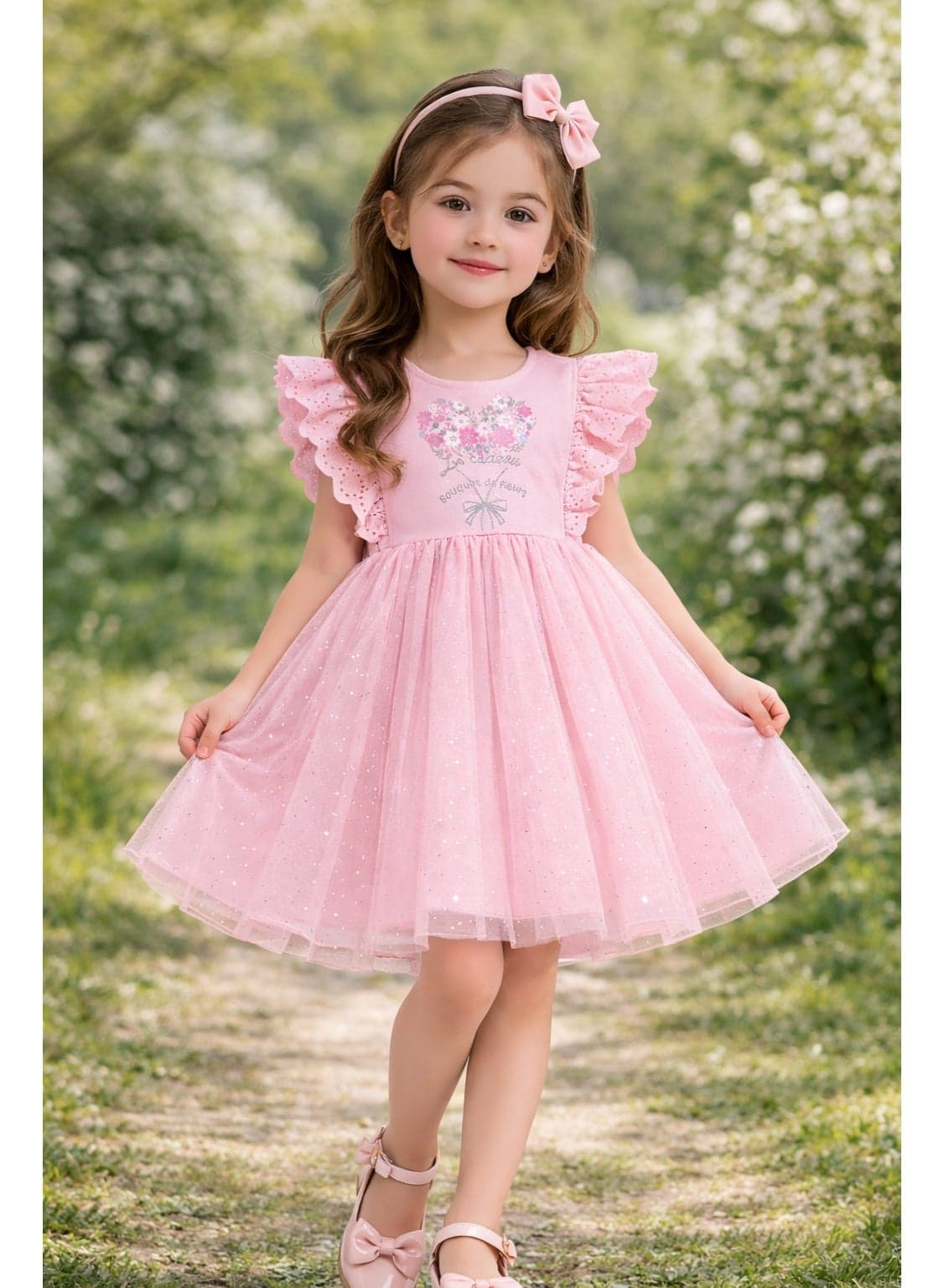 Girls Pink Party Dress for 2–6 Years | Sparkle Tulle Princess Dress | Flutter Sleeve Floral Embroidery | Birthday & Special Occasion Outfit