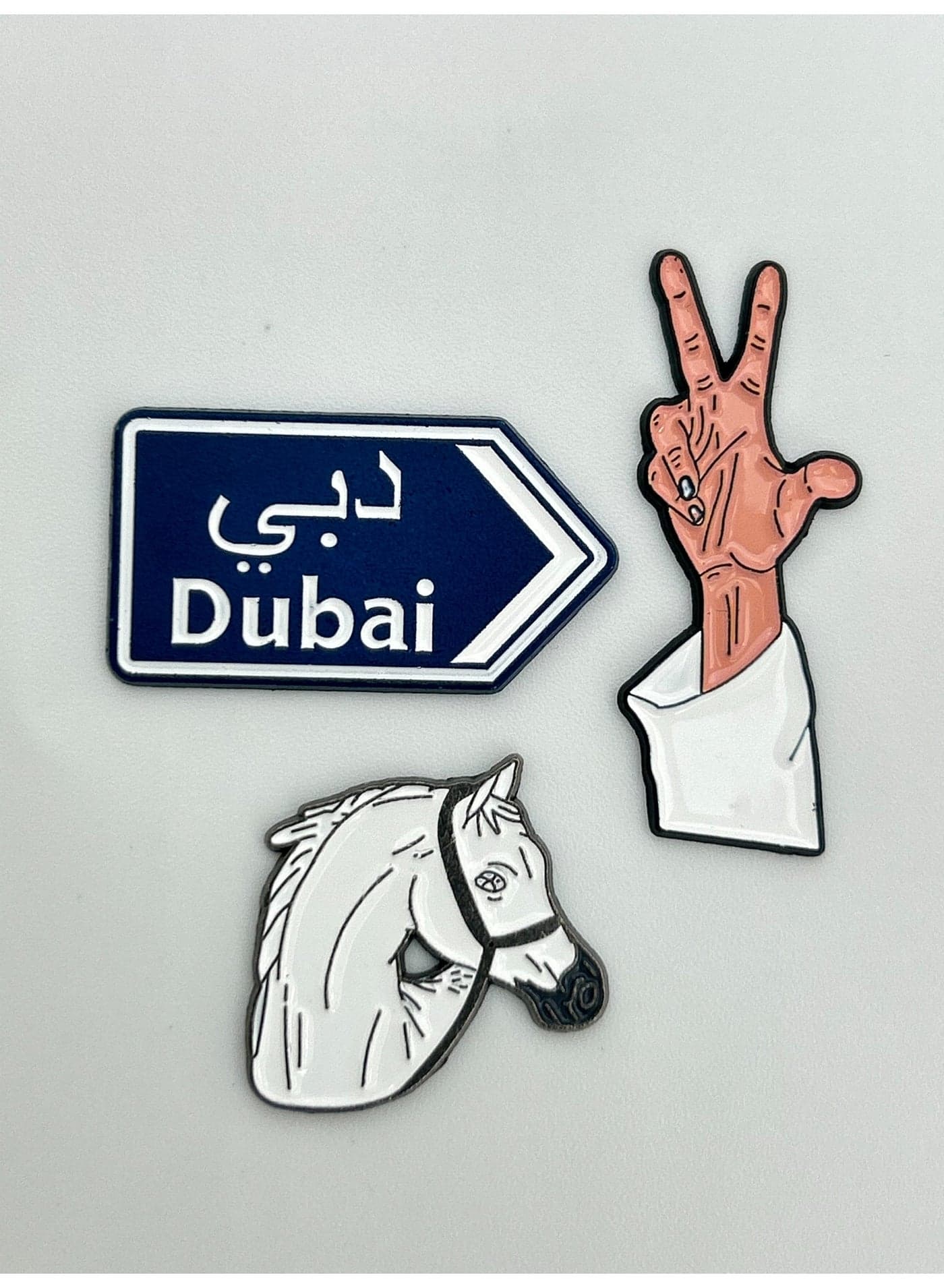 3 pieces of Metal stickers - Hand Sign logo and Dubai Street signs and Horse logo Stickers - Premium Quality Metal for Mobile, Laptop, Backpacks and more