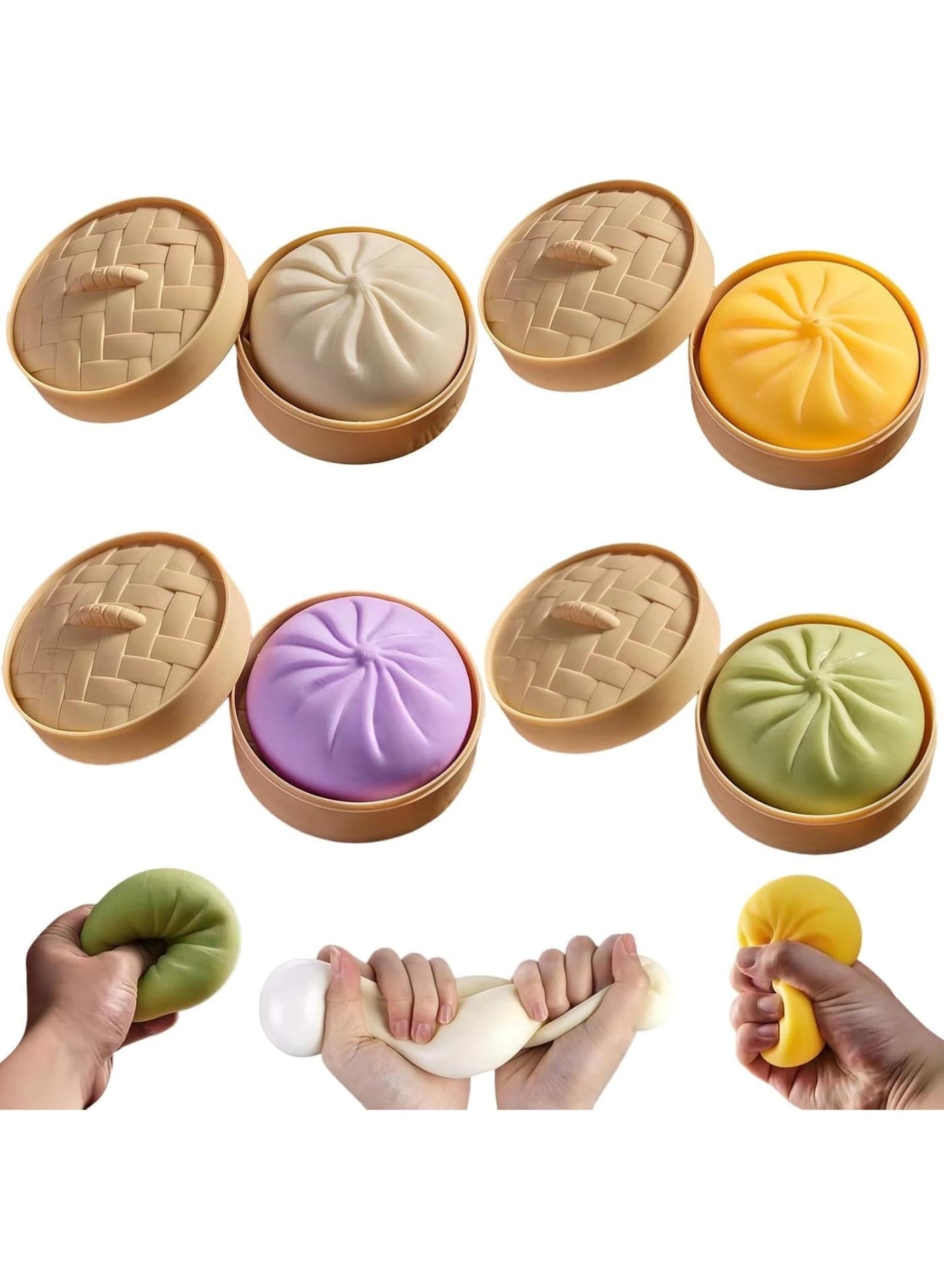 4 PCS Giant Glitter Dumpling, Giant Dumpling Squishy, Mega Rainbow Dumplings, Cute Bun with Steamer Anxiety Relief, Soft Squeeze Decompression Dough for Adults