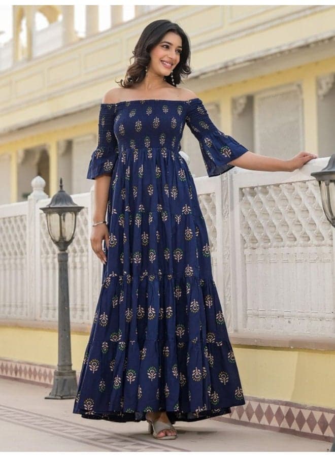 Indigo Off Shoulder tiered Maxi dress