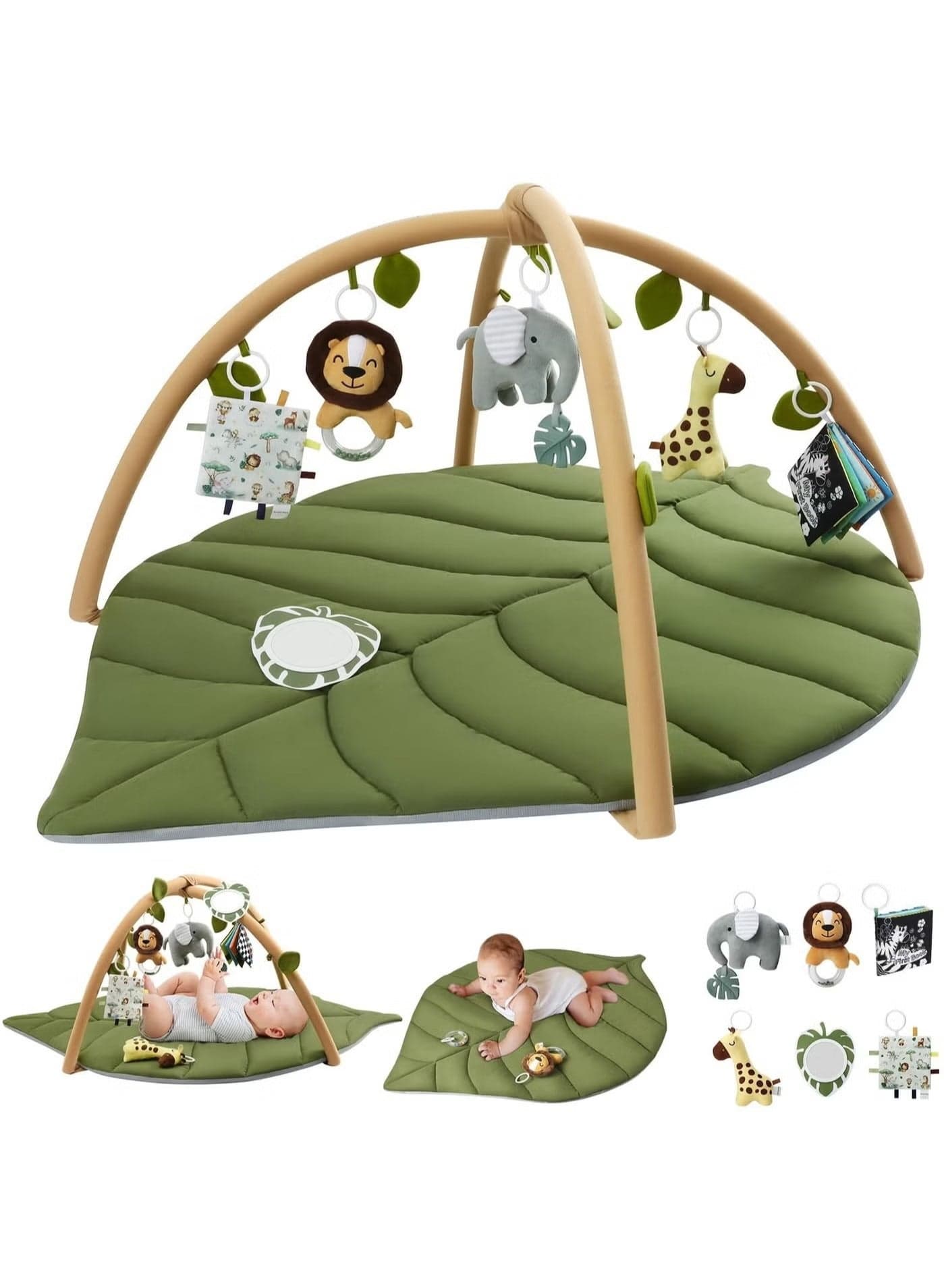 Baby Gym Play Mat, Large Activity Playmat with Detachable Toys, Leaf Shaped Tummy Time Mat, Activity Center for Infants, Promote Motor Skills & Sensory Development