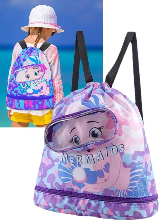 Children's Swimming Backpack Drawstring Children's Swimming Bag Beach Bag Sports Fitness Bag Dry and Wet Separation Suitable for Children Men Women (Mermaid)