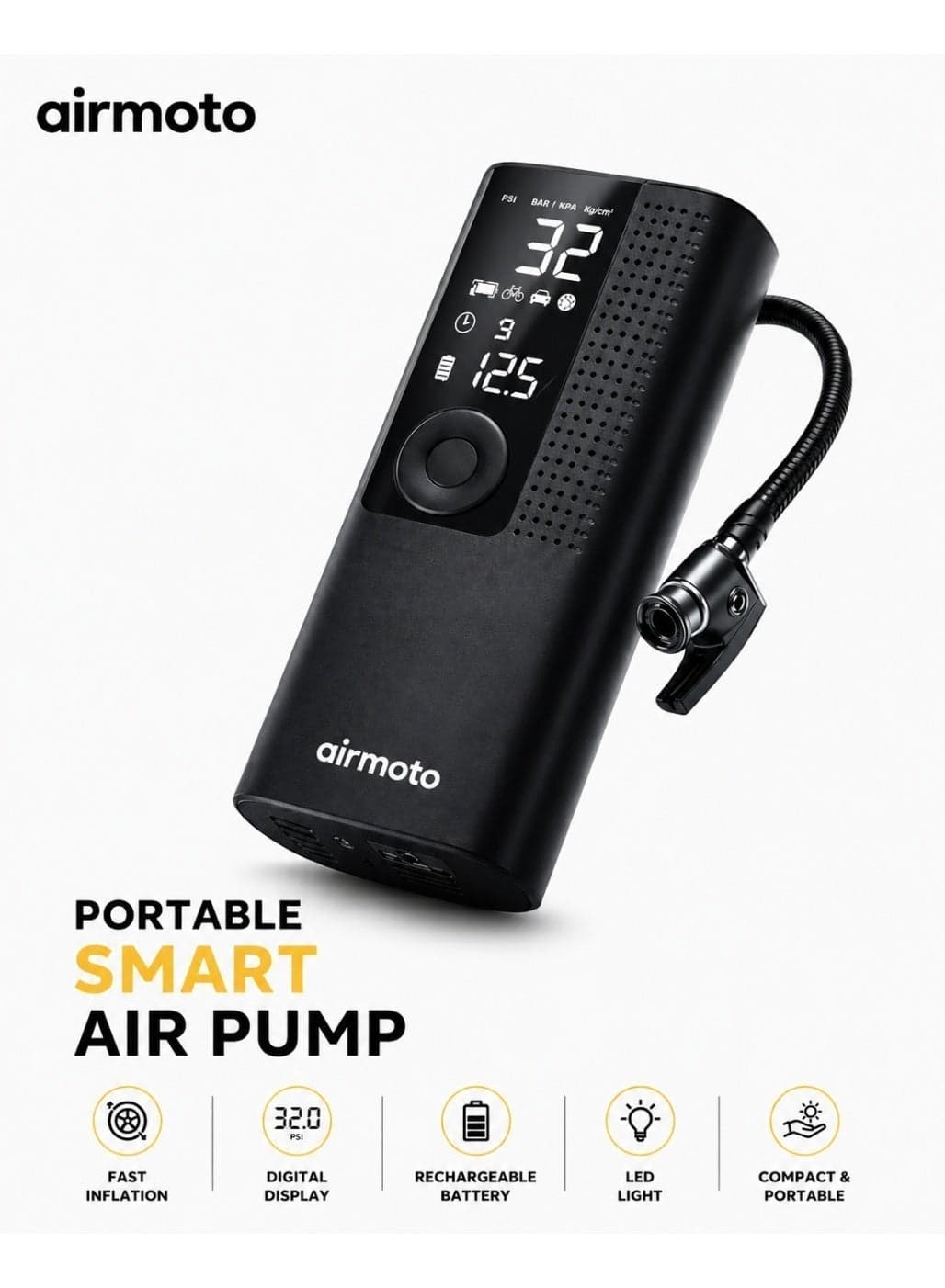 Portable Smart Air Pump BP198 with Digital Display – Rechargeable Tire Inflator with Auto Shut-Off & Preset Pressure for Car, Bike & Sports Equipment