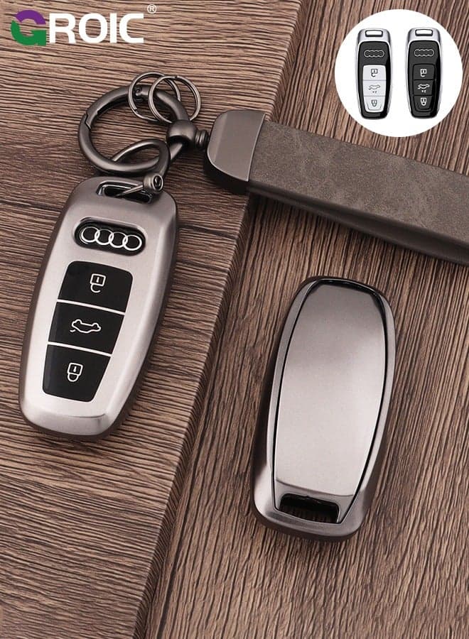 For Audi Key Fob Cover with with Keychain, Metallic Gray Car Key Shell Case for Audi RS3 A3 A6L A6 A7 A8 Q4 Q7 Q8 S6 SQ7 RS6 S7 RS7, Audi Accessories Protector Case Keychain Key Holder Key Cover (D)