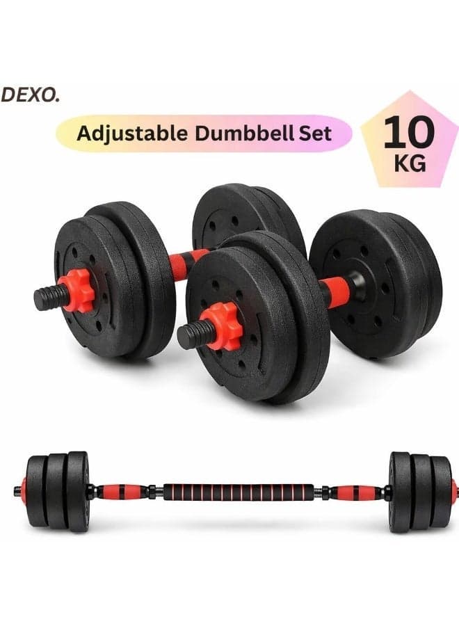 10kg Adjustable Dumbbell Set with Spinlock Collars, Non-Slip Handles, Barbell Conversion Kit for Home Gym Strength Training