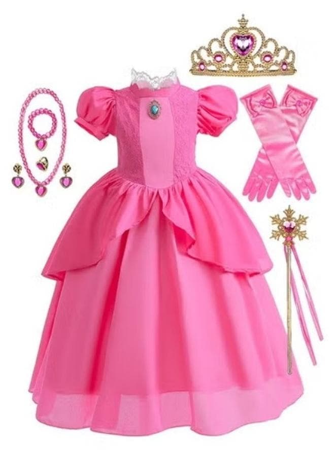 Princess Dress Set with 7 PCS Accessaries, Gorgeous Princess Costume with Puff Sleeves, Elegant Princess Dress Up Costume for Girls, Great for Fancy Dress Parties, Birthdays, Prom Outfits and Cospla(150CM)