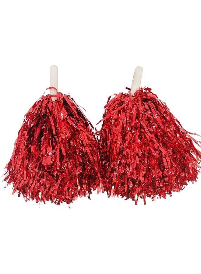 Goldedge Metallic Foil Plastic Cheerleading Pom Poms with Baton Handle for Stage Performance 2-Pieces Set, Red