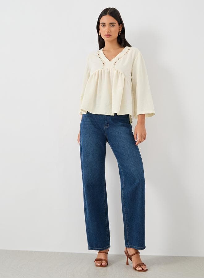 Embellished Lace Detail V-Neck Peplum Blouse