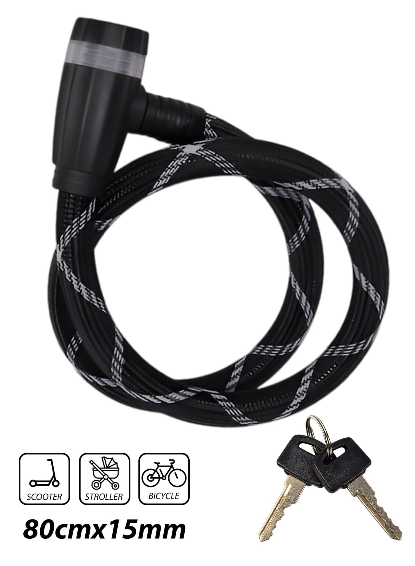 Heavy-Duty Bicycle & Scooter Cable Lock 80cm Braided Steel Anti-Theft Wire with Keys, Durable ABS Lock Head, Stroller Lock, E-Scooter Lock, Bike Security Cable (15mm Thick)