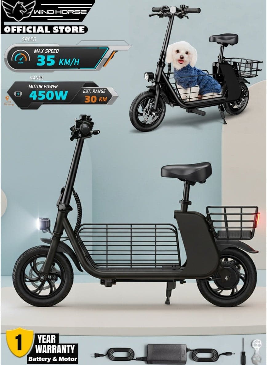 C2 Cargo Electric Scooter 450W Motor, 35KM/H Speed, 36V 8Ah Battery, 25–30KM Range, Aluminum Alloy Frame, Dual Disk Brakes, Large Front and Rear Storage Baskets, 12-Inch Tires – Ideal for Delivery, Commuting and Urban Rides
