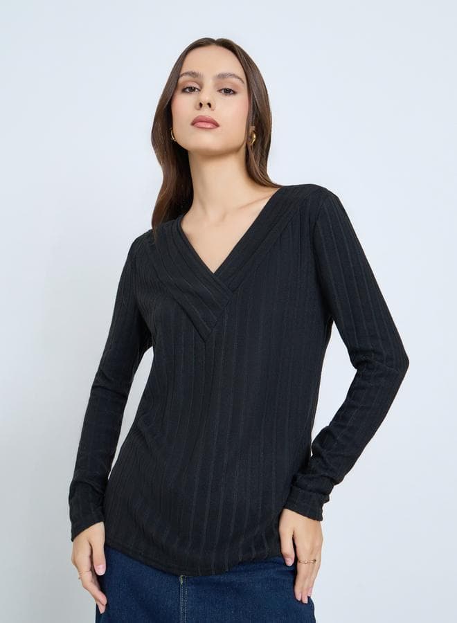 Black Ribbed V-Neck Long Sleeve Top