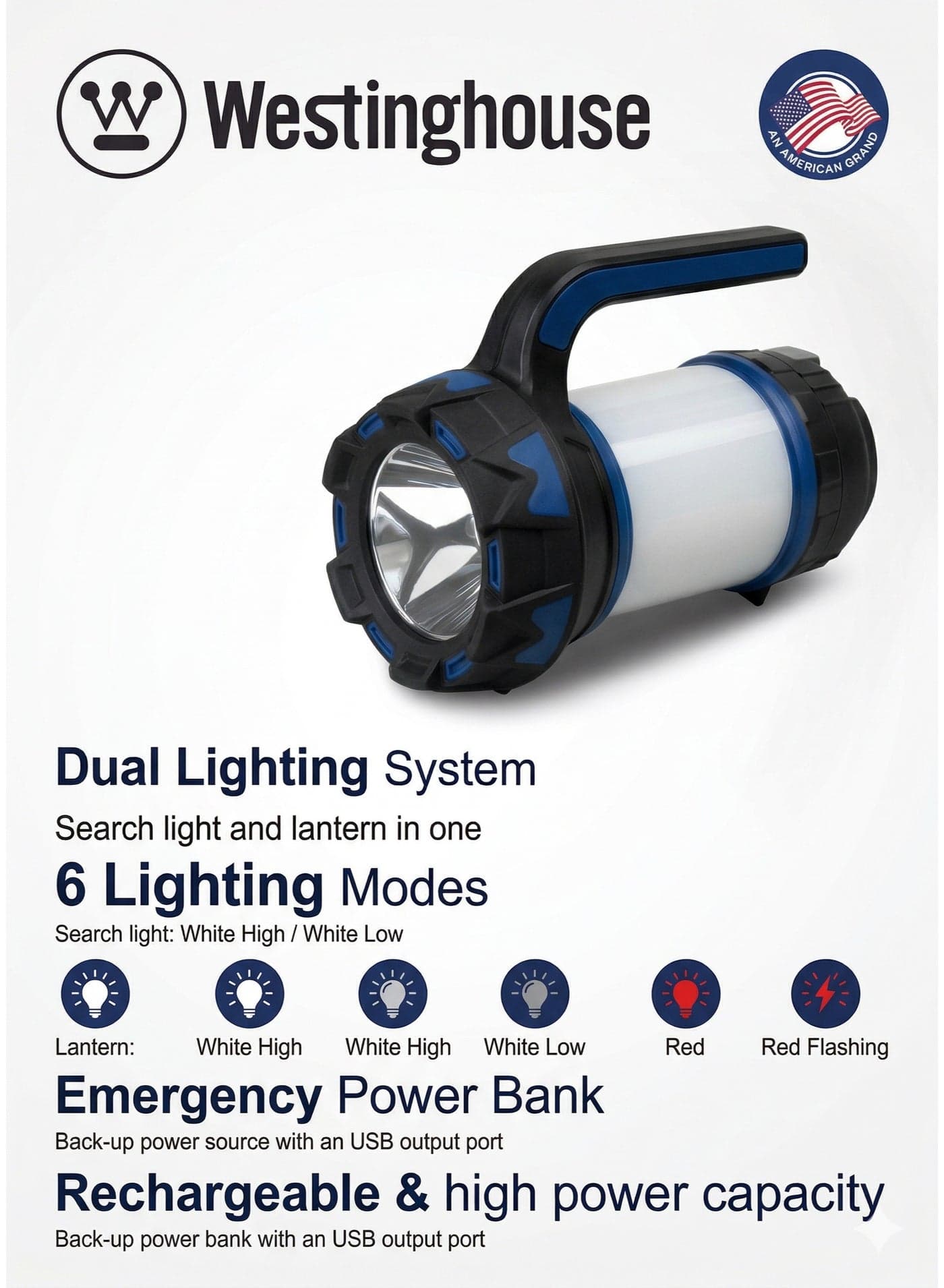 Westinghouse WF215-CB Rechargeable 3-in-1 Search Light – LED Spotlight, Lantern, Power Bank with 6 Lighting Modes, USB Charging, 3000mAh Battery – Portable Waterproof Torch for Camping, Hiking, Emergency & Outdoor Adventures