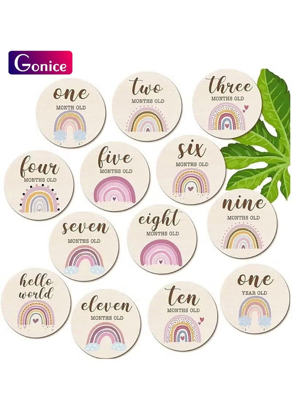 13 Pieces Baby Monthly Milestone Wooden Cards Boho Rainbow Double Sided Printed Milestone Discs Wood Gift Photo Prop Discs Sets Birth Announcement Sign for Baby Shower Newborn